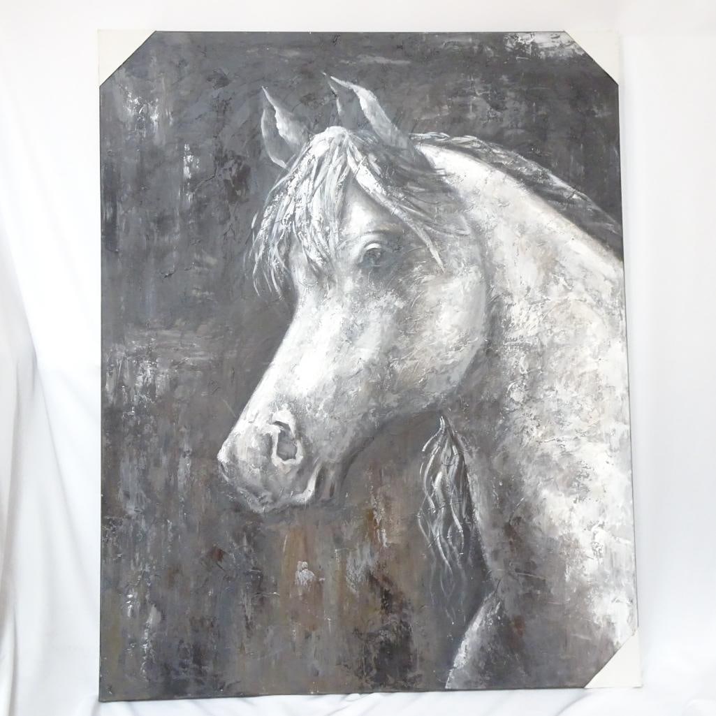 Large Textured Horse Canvas: Beautiful large-scale textured horse wall art featuring a soft gray and white palette with expressive brushwork and sculptural surface texture. The monochrome design gives it a modern farmhouse and