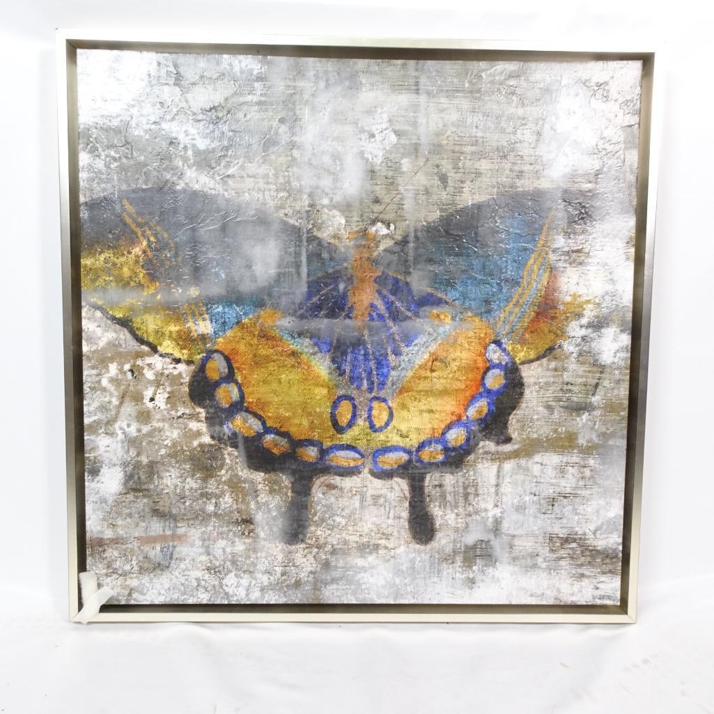 Large Abstract Butterfly Canvas Wall Art: Striking large abstract butterfly wall art featuring rich gold, blue, and neutral textured tones. This modern contemporary canvas creates a bold statement piece, perfect for living room, bedroom,