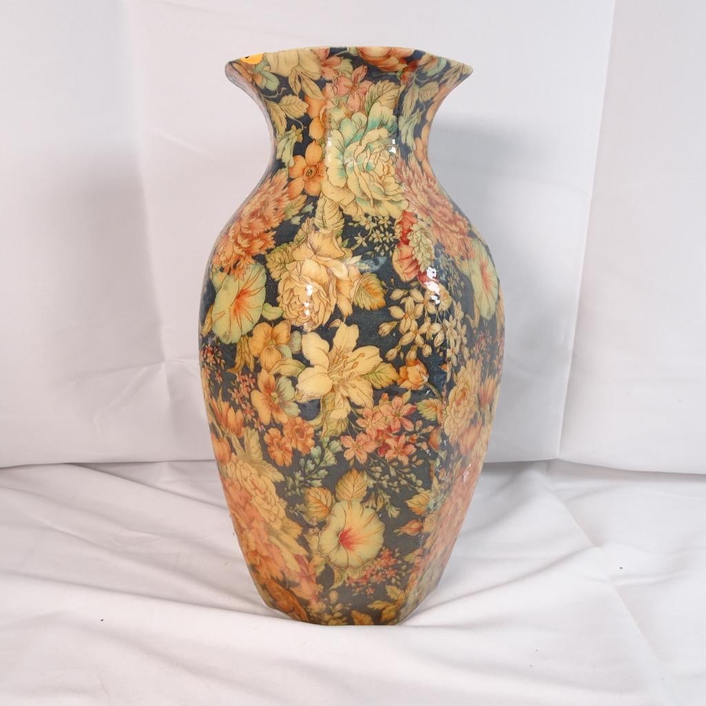 Large Floral Decorative Vase Vintage Style Chintz Pattern Ceramic Urn Shape 13: Beautiful large decorative vase featuring an all-over floral chintz-style pattern in warm tones on a dark background. This piece has an elegant urn-shaped silhouette with a flared top, making it a per