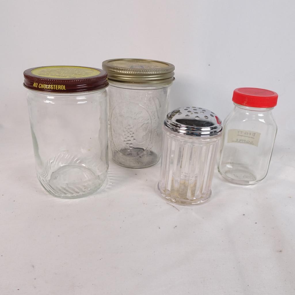 Vintage Glass Jar Lot Sugar Shaker Mason Jars Kitchen Storage Farmhouse Decor Set: Mixed lot of vintage kitchen glassware including jars and a sugar shaker, perfect for farmhouse decor or everyday use. ? Condition: Pre-owned vintage conditionVisible wear, residue, and light