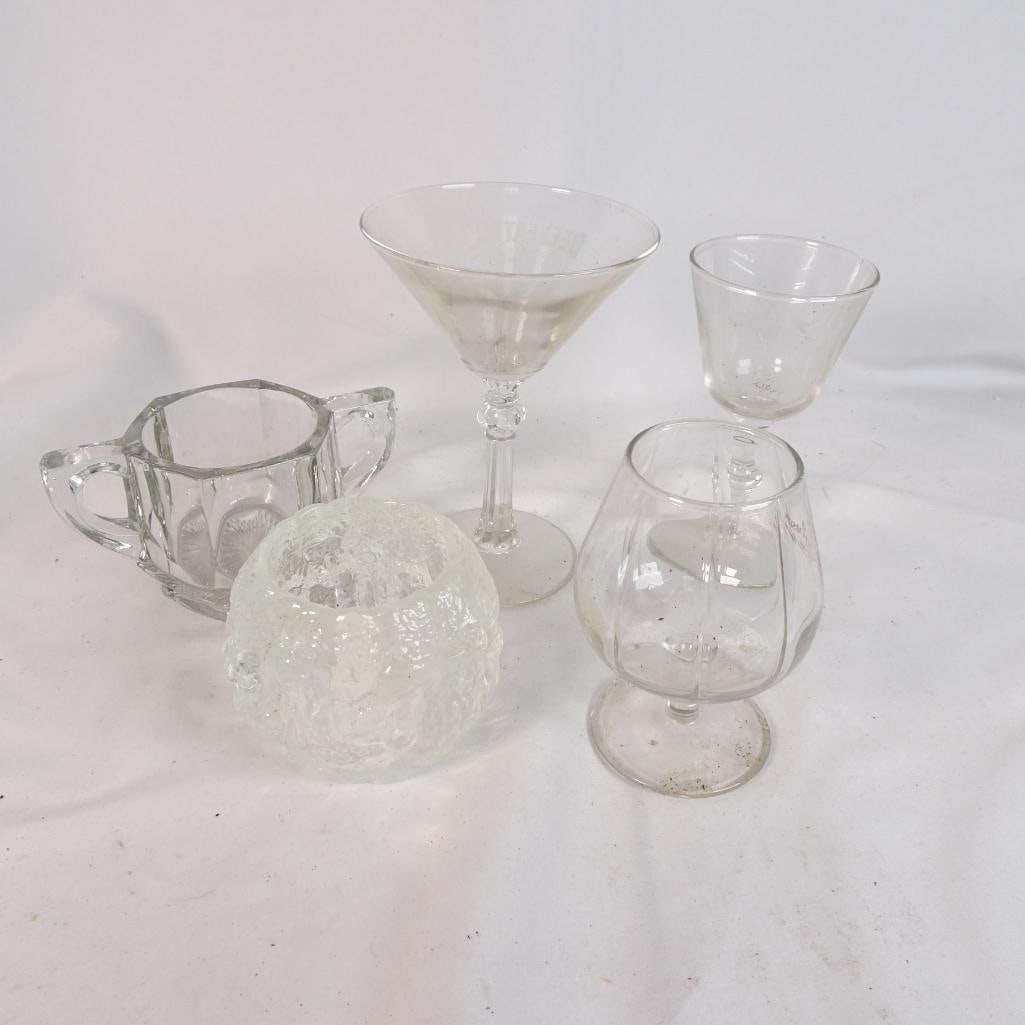 Vintage Glassware Lot Martini Glass Courvoisier Snifter Double Handle Bowl Barware Set: Unique mixed lot of vintage-style glassware, perfect for bar display, entertaining, or decor. Condition: Pre-owned vintage conditionVisible signs of use: light dirt, residue, wear from ageNo major