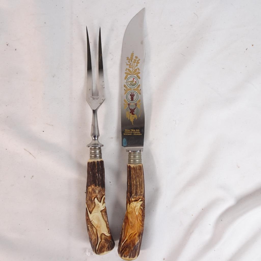 Vintage Solingen Germany Carving Knife & Fork Set Stag Handle Kla-Tra-So Hunting Deer: Vintage carving knife and fork set made in Solingen, Germany. Condition: Good vintage conditionLight signs of use and ageBlade graphics still visibleHandles in solid condition