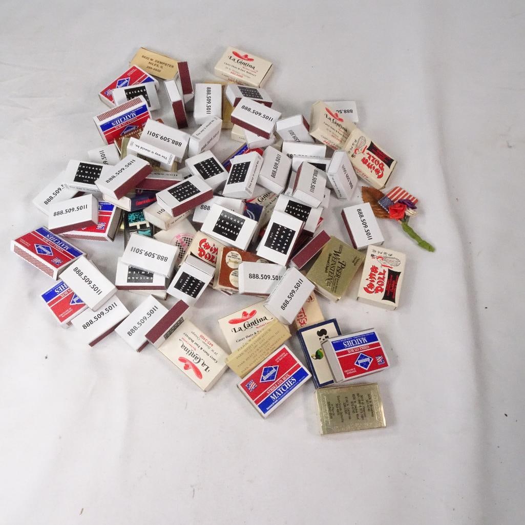 Vintage Matchbook Lot: Mixed lot of vintage advertising matchbooks featuring restaurants, bars, funeral homes, hotels, local businesses, and promotional brands. A fun collectible assortment for matchbook collectors, vintage