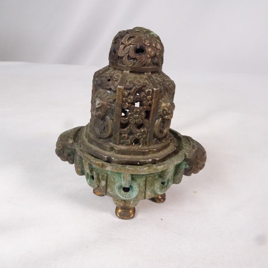 Vintage Japanese Brass Incense Burner Censer Foo Dog Lion Handles Pierced Lid (1 of 7)