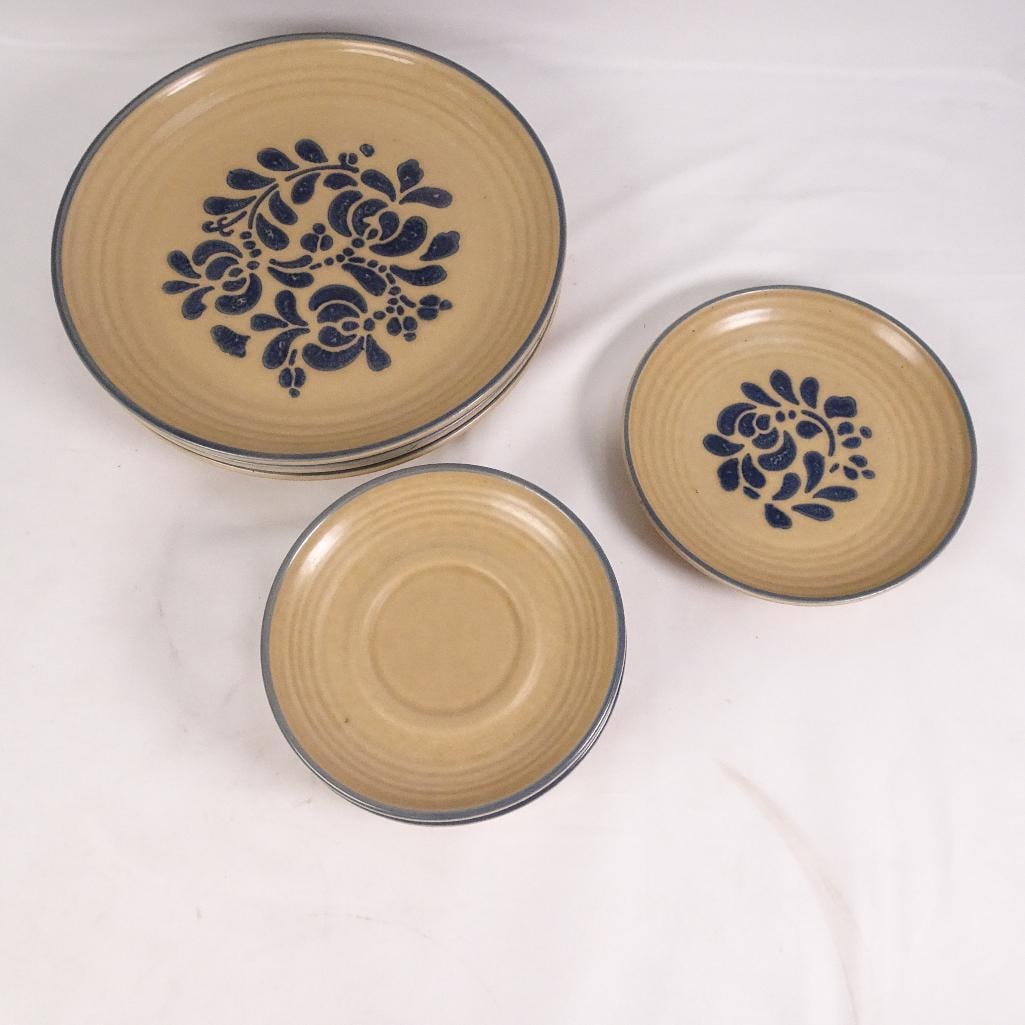Pfaltzgraff Folk Art Style Dinner & Salad Plates Set: Charming vintage-style Pfaltzgraff stoneware plate set featuring a classic blue floral folk art pattern on a warm beige background with blue trim. Perfect for farmhouse, rustic, cottagecore, or