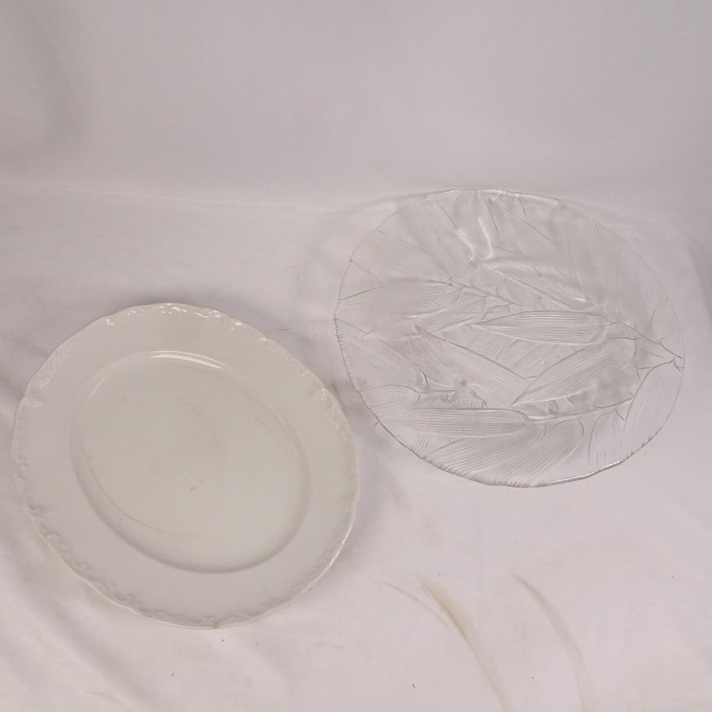 Vintage White Ironstone Serving Platter & Frosted Leaf Glass Tray Lot (1 of 10)