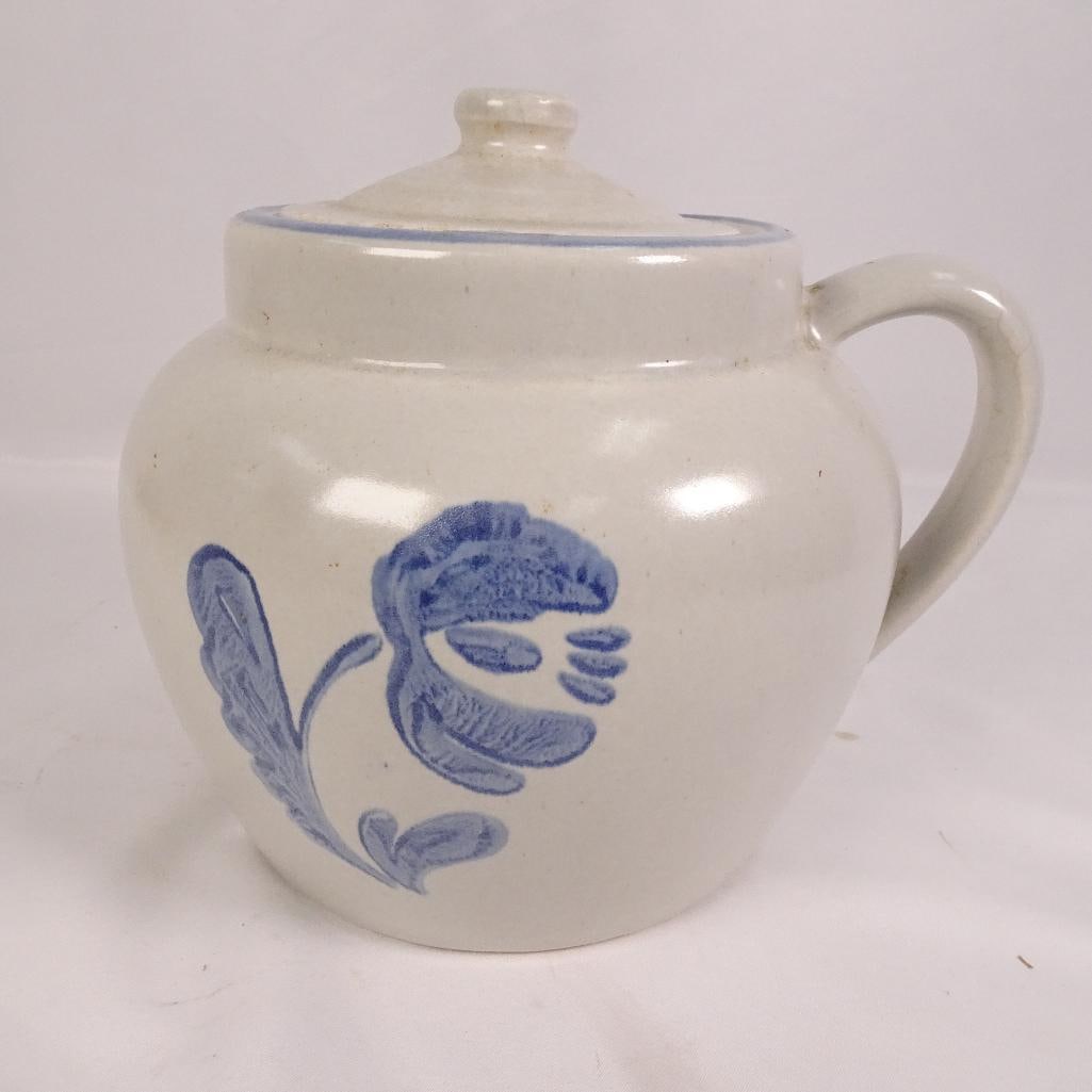 Vintage Blue Floral Stoneware Cookie Jar Canister with Lid Rustic Farmhouse (1 of 5)