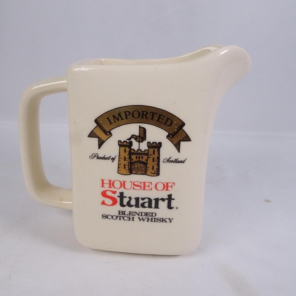 Vintage House of Stuart Scotch Whisky Water Pitcher Jug Cream Ceramic Barware Scotland: Vintage House of Stuart blended Scotch whisky ceramic water pitcherjug featuring classic imported Scotland branding. Cream-colored ceramic with advertising logo on front and unique square shape with
