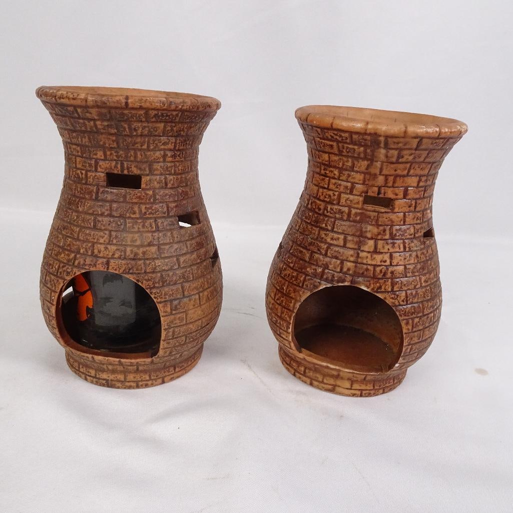 Pair Vintage Rustic Pottery Candle Holders Lantern Style Brown Brick Pattern Decor: Set of 2 vintage rustic pottery candle holders lantern-style decorative pieces featuring a textured brick pattern design in warm brown tones. Beautiful farmhouse, rustic cabin, boho, or vintage home