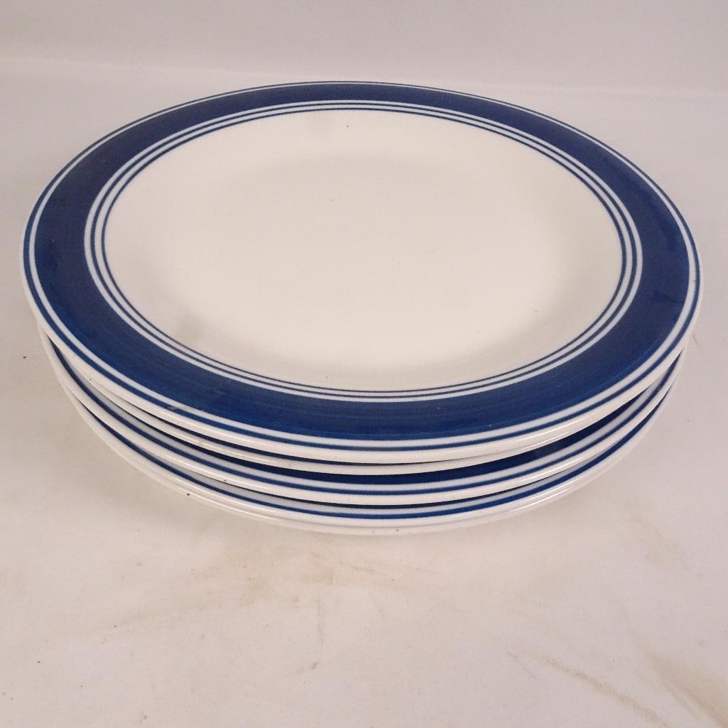 Set of 4 Mainstays Blue Rim Stoneware Dinner Plates 10.5? Dishwasher Safe: Set of 4 Mainstays stoneware dinner plates featuring a classic cobalt blue rim design on a white background. Simple, clean, and timeless style that works great for everyday dining, cottage, coastal,