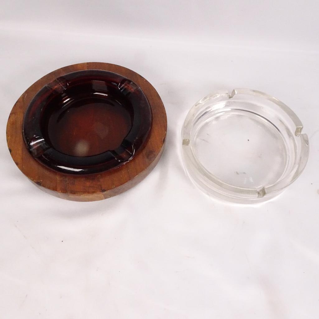 Vintage Glass Ashtray Lot Mid Century Amber & Clear Glass Ashtrays With Wooden Base (1 of 6)