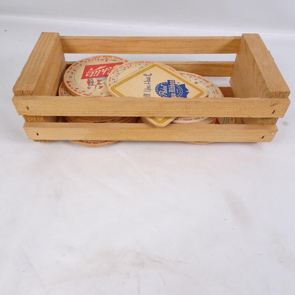 Vintage Wooden Crate with Assorted Retro Beer Coasters ? Schlitz & Pabst Blue Ribbon Barware Lot (1 of 6)