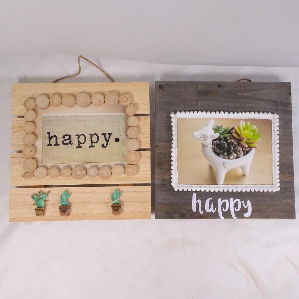 Set of 2 Rustic ?Happy? Wooden Wall Plaques Farmhouse Cottage Decor (1 of 6)