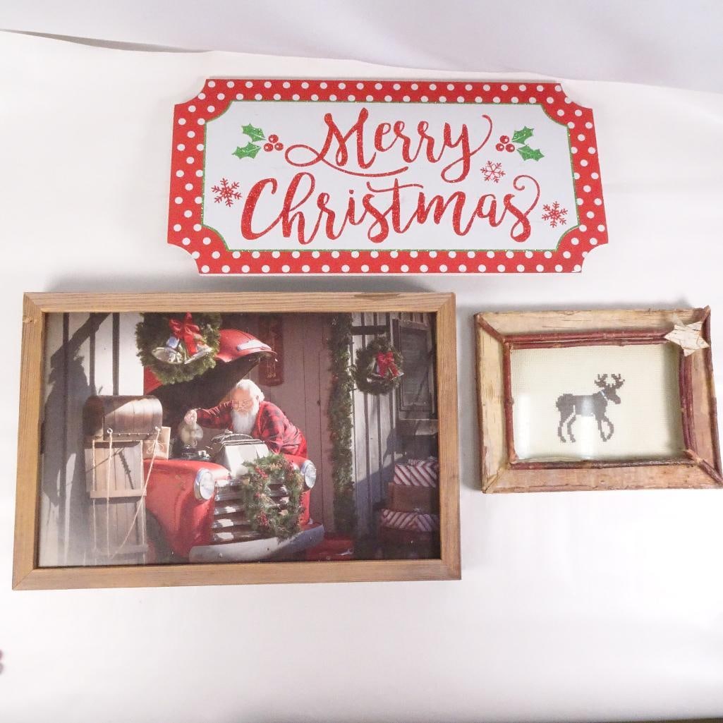 Christmas Decor Lot Merry Christmas Sign Santa Framed Print Rustic Reindeer Wall Art (1 of 10)