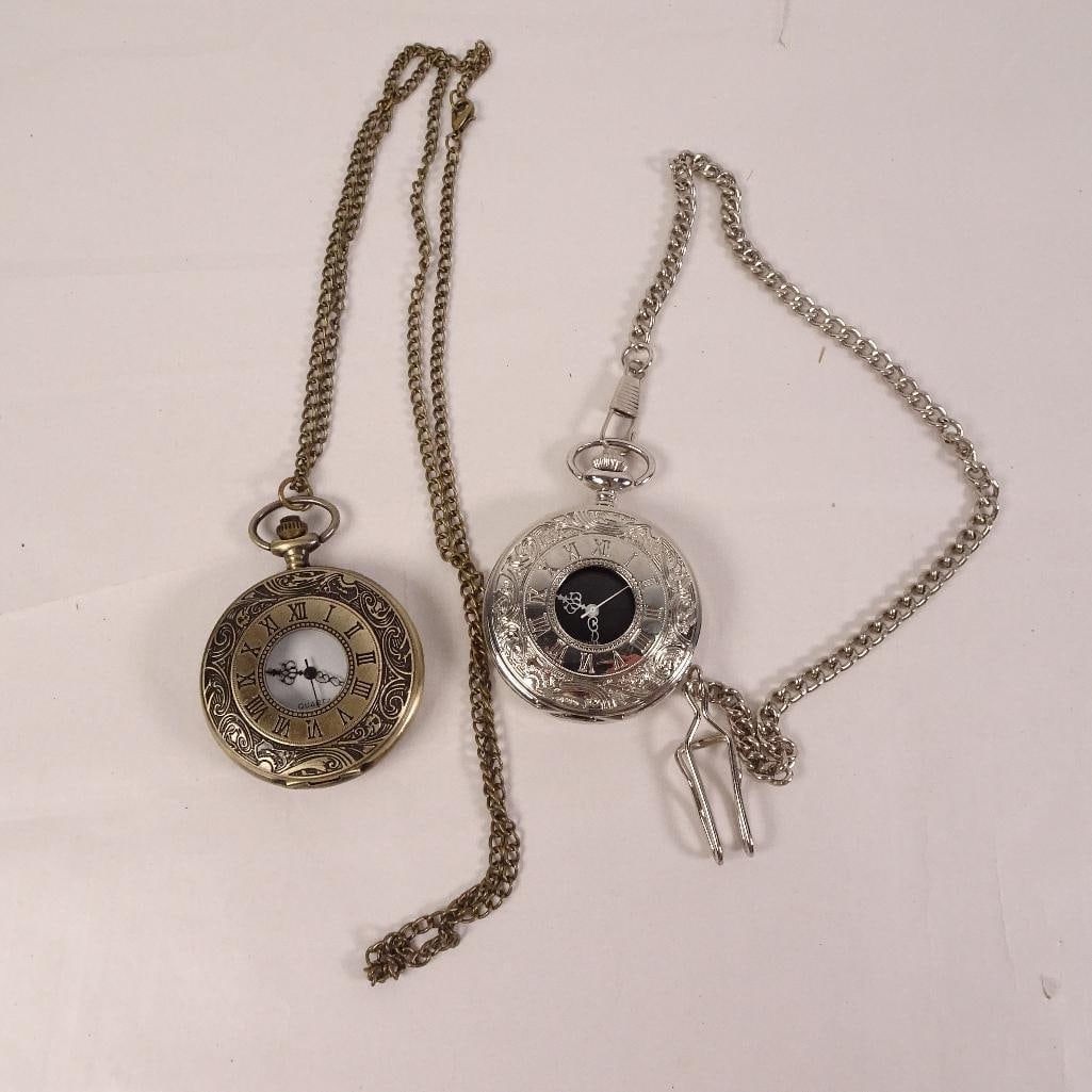 Lot of 2 Vintage Style Quartz Pocket Watches with Chains Roman Numeral Design (1 of 7)