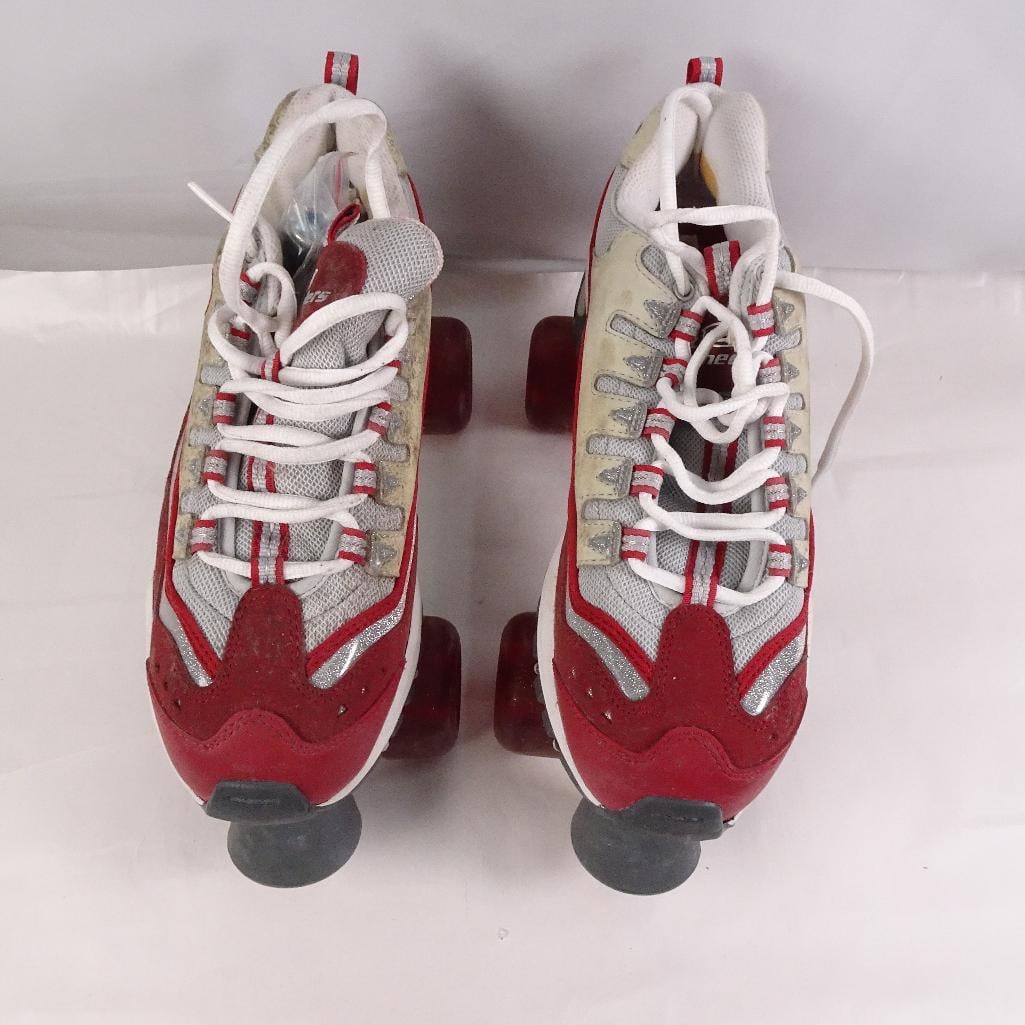 Vintage Skechers Quad Roller Skates Red White Glitter Wheels Size 4 Wide w/ Toe Stops (1 of 9)