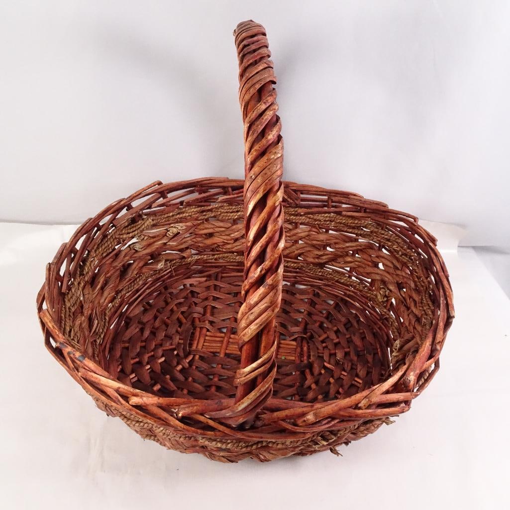 Rustic Wicker Gathering Basket With Twisted Handle Farmhouse Fruit Harvest Basket (1 of 5)
