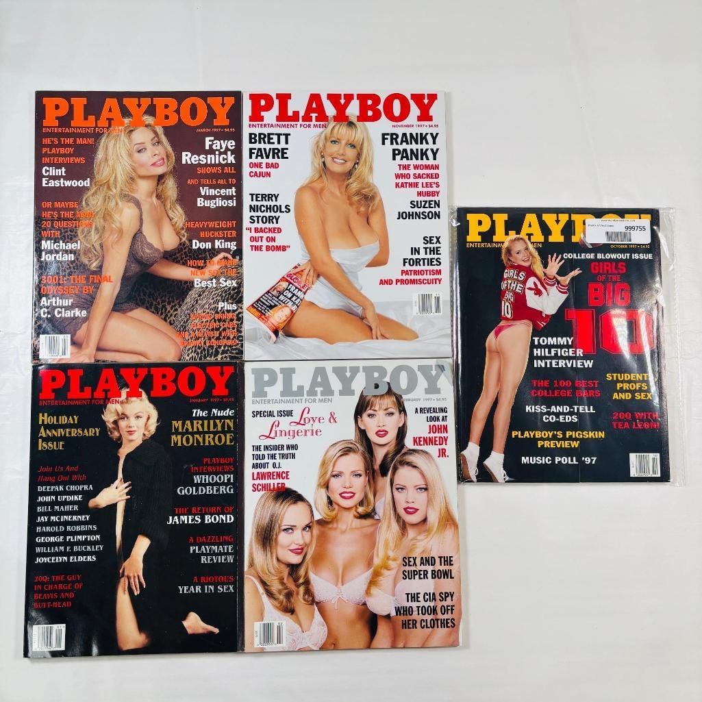 Vtg 1997 Playboys, Faye Resnick, John Kennedy Jr.: set of five (5) vintage issues of Playboy Magazine. Known for its sophisticated blend of world-class photography, award-winning journalism, and interviews with the most influential figures of the 20th