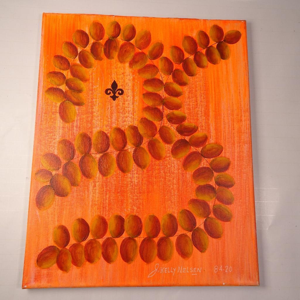 Signed Original Acrylic Painting on Canvas: Original hand-painted acrylic artwork on stretched canvas signed J. Kelly Nelsen and dated 84-20. This contemporary folk-art style piece features a decorative monogram letter "K" formed from warm autu