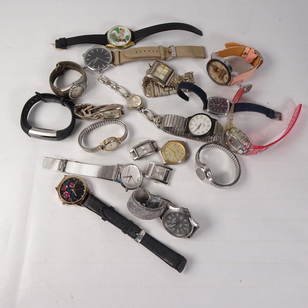 Vintage Wrist Watch Lot: Large mixed lot of approximately 18+ wristwatches including analog, digital, fashion, and vintage styles. Brands observed include Timex, Elgin, Guess, and other unmarked watches. Condition: All watche