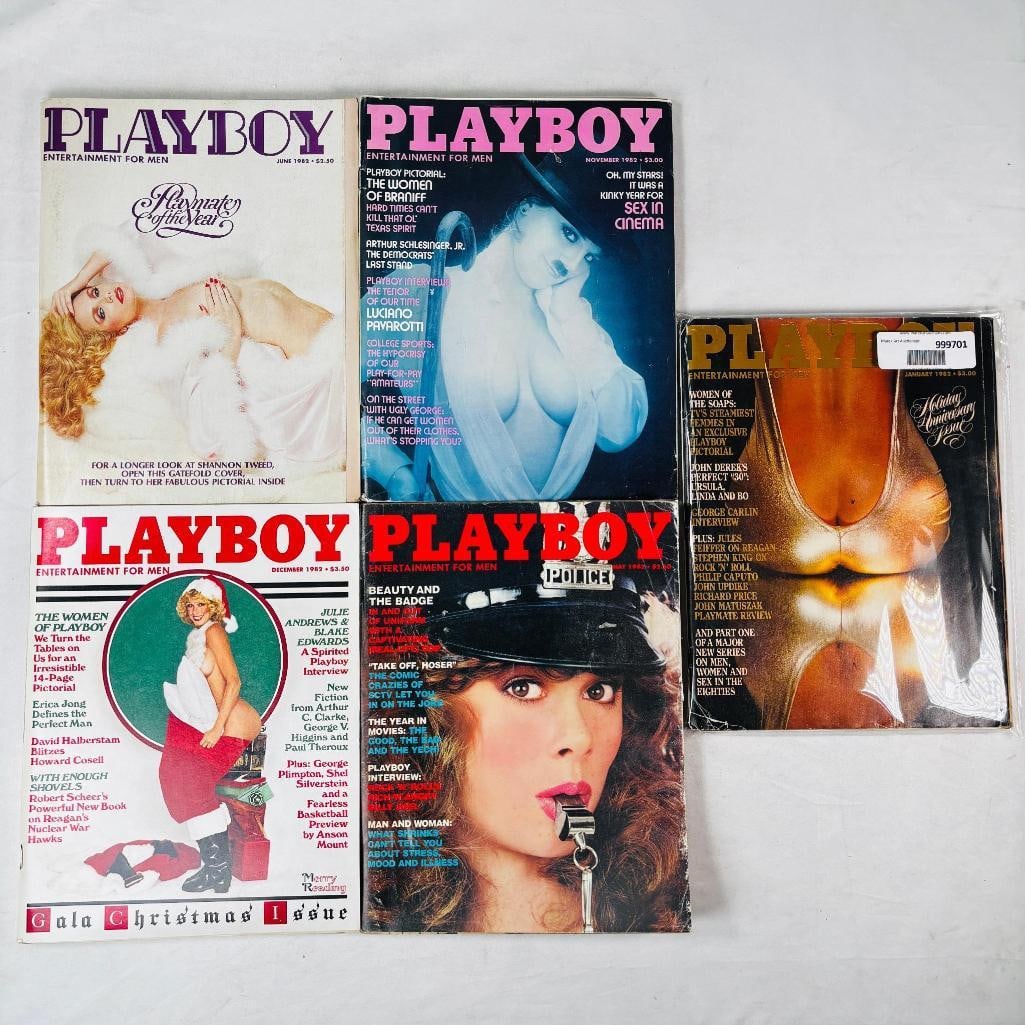 Vintage Playboy Lot - 5 Issues -1982: set of five (5) vintage issues of Playboy Magazine. Known for its sophisticated blend of world-class photography, award-winning journalism, and interviews with the most influential figures of the 20th