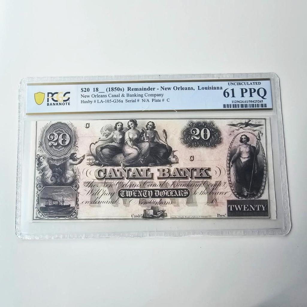 $20 Canal Bank - 61 PPQ - New Orleans (1850s) - PCGS (1 of 2)