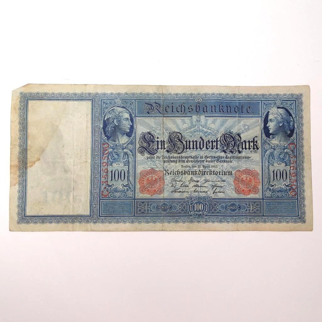 Germany - 100 Mark - 1908-1910:: This 1908-1910 100 Mark banknote from Germany is a beautiful example of pre-World War I currency, issued by the Reichsbank. It features intricate designs and elaborate allegorical figures, representin