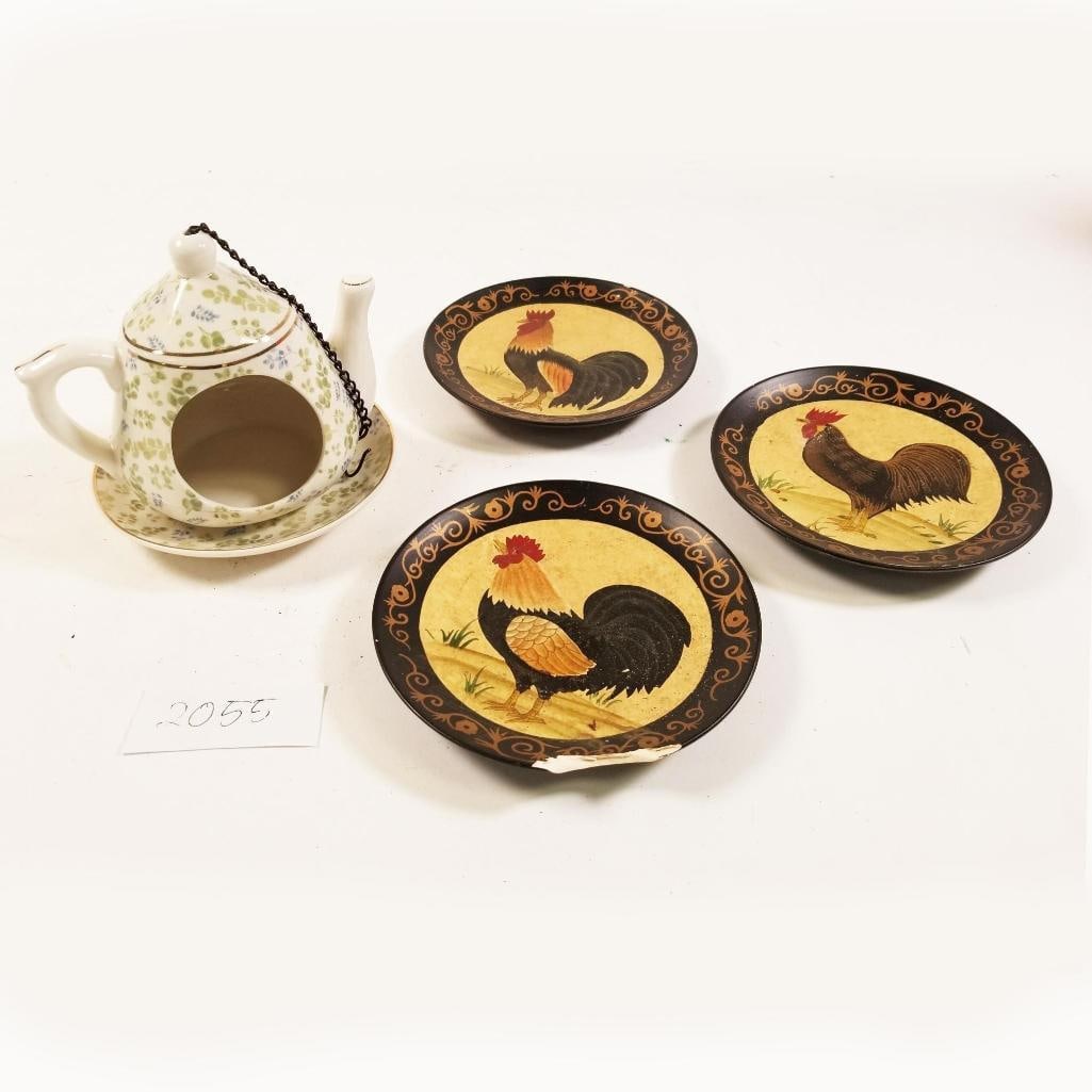 Decorative Rooster Plates and Ceramic Teapot Bird Feeder Lot of 4 Country Farmhouse Decor (1 of 16)