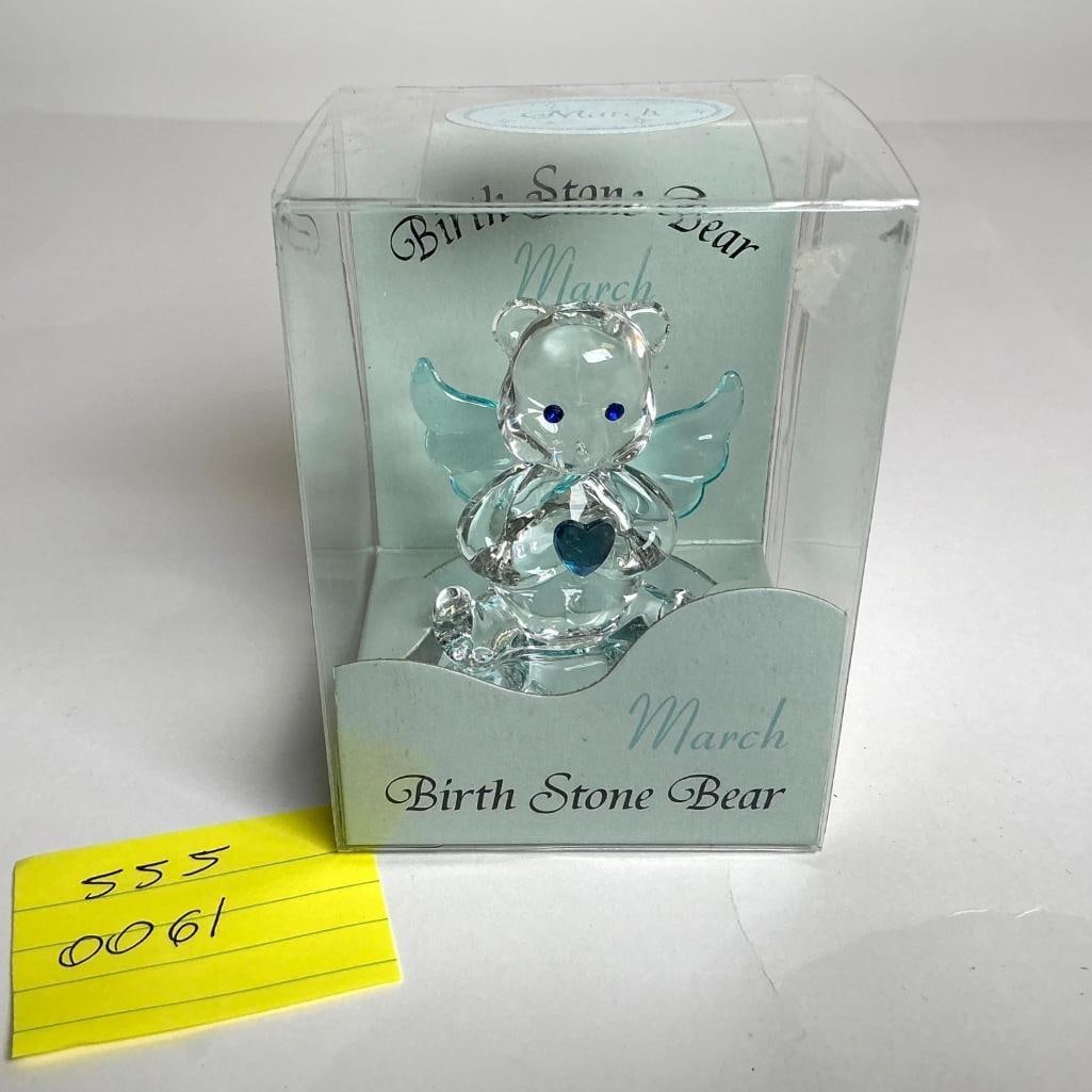 Birth Stone Art Glass Angel Teddy Bear Figurine: March Birth Stone Art Glass Angel Teddy Bear Figurine