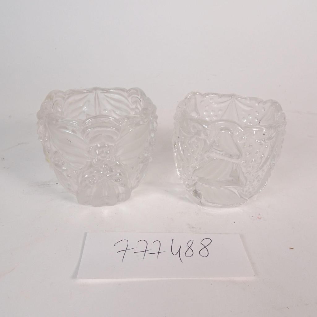 Lot of 2 Small Pressed Glass Cups: Charming lot of 2 small pressed glass cups / holders, made of decorative pressed glass and clearly marked Made in Germany on the base. The glass features a combination of clear and softly frosted deta