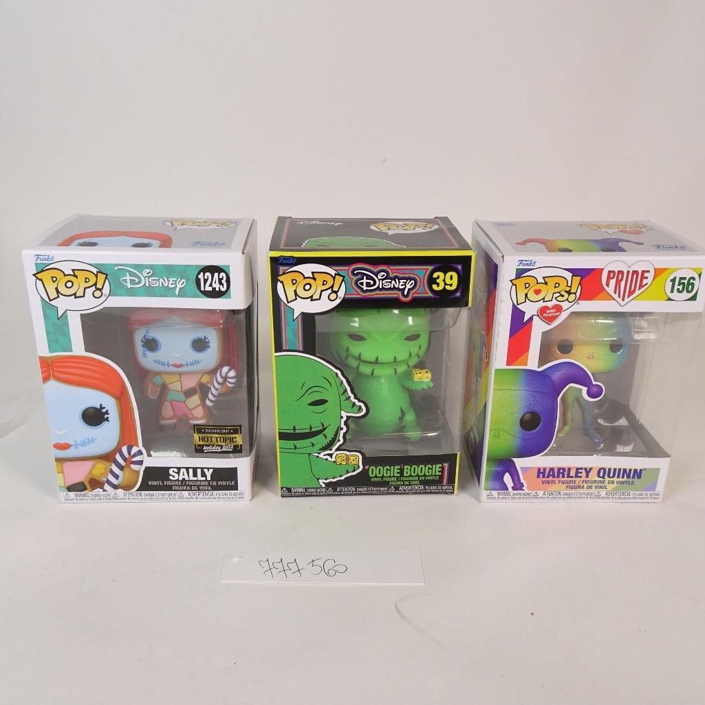 Funko Pop Lot: Sally, Oogie and Harley Quinn: Set of three Funko Pop vinyl figures. Includes Sally (Holiday 2022 Hot Topic Exclusive), Oogie Boogie, and Harley Quinn Pride. Original boxes included. Great for collectors and fans of The Nightmare B