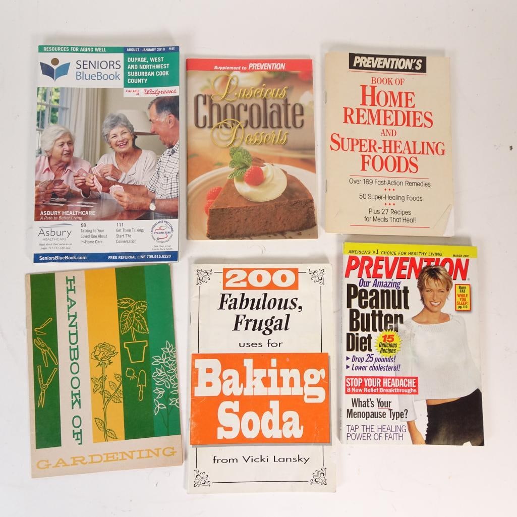 Home and Health Guide Book Lot: Useful vintage-style guides for home remedies, gardening, frugal living, and desserts. Items show normal age and shelf wear. Great for home libraries, practical reference, or resale.