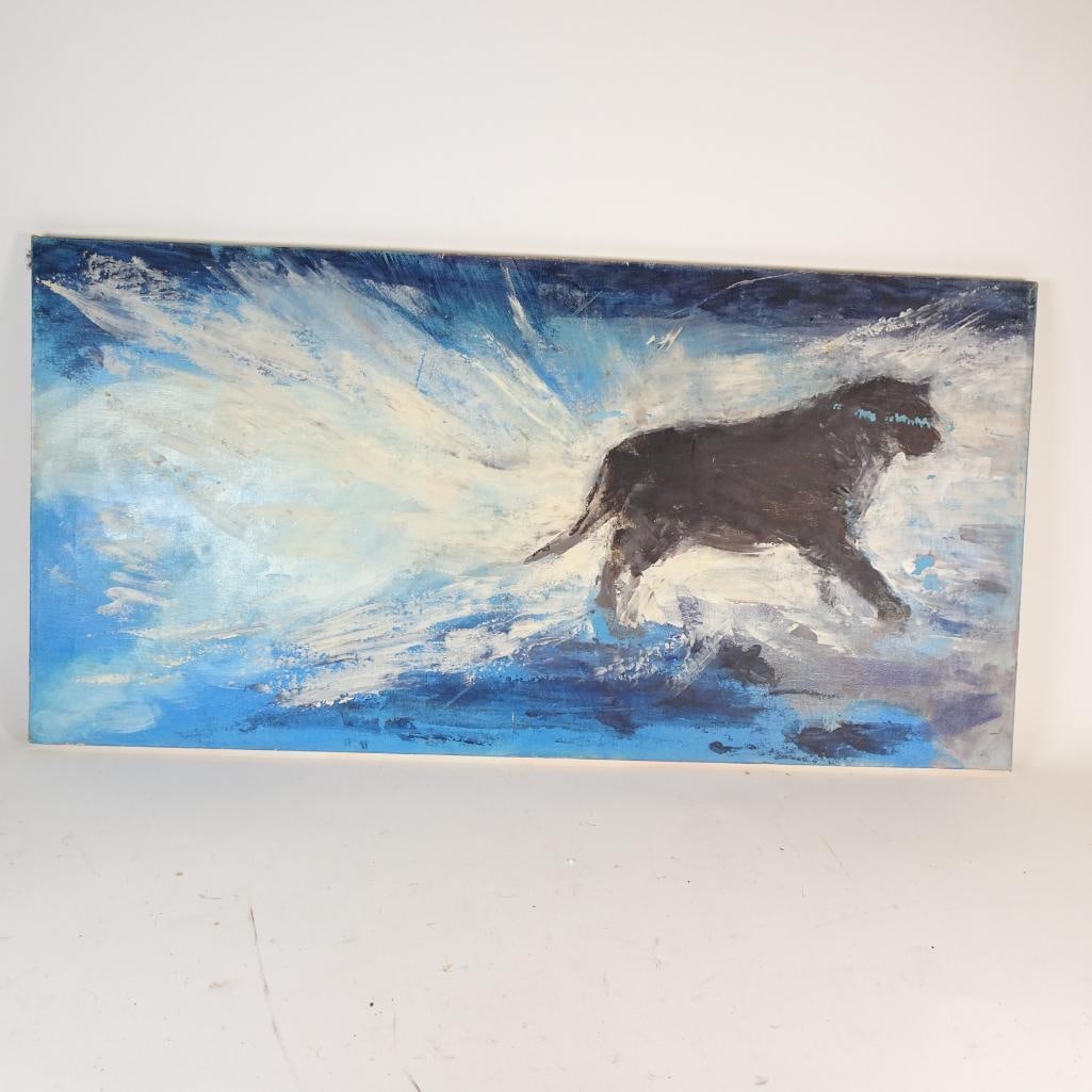 Large Panoramic Horse Canvas: Striking horizontal canvas featuring a dynamic horse silhouette painted with expressive brush strokes in shades of blue, white, and gray. A modern, slightly rustic style - perfect for living room,