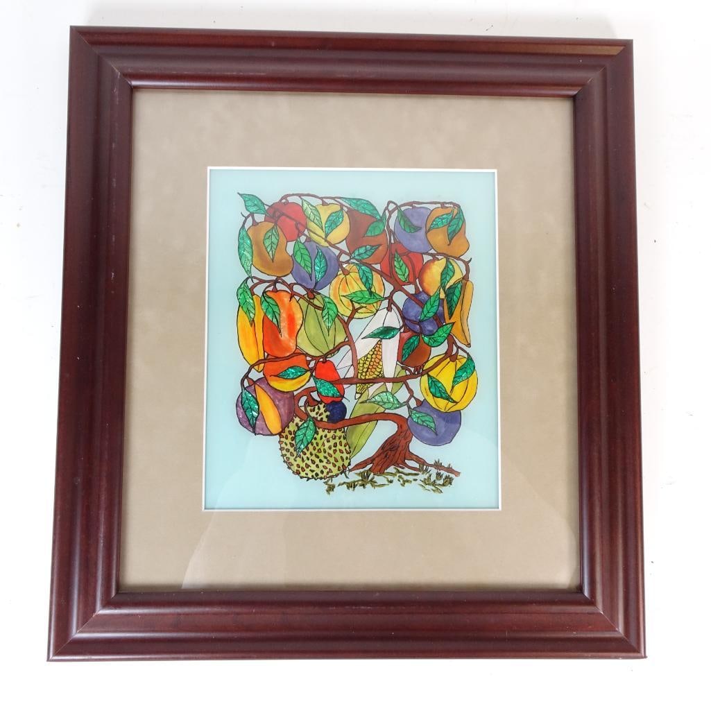 Framed Botanical Tree Artwork: Decorative framed botanical artwork featuring a vibrant fruit tree illustration with rich, multicolored leaves and fruit set against a soft background. The piece is professionally custom framed with a