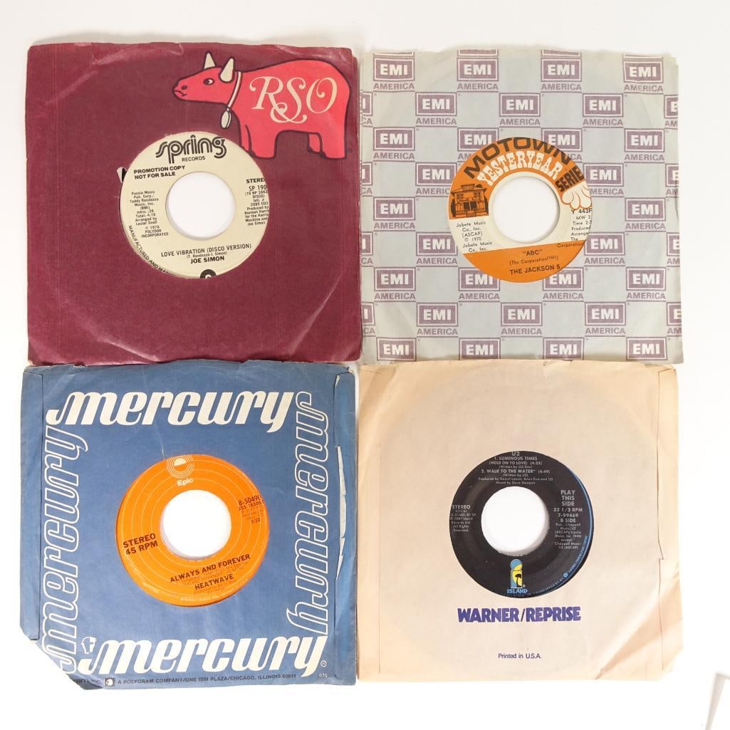 Vintage 45 RPM Vinyl Record Lot: Vintage mixed lot of 4 classic 45 RPM vinyl records featuring well-known soul, pop and rock artists with original record company sleeves. Lot includes: ? The Jackson 5 - "ABC / I Want You Back" (Motow