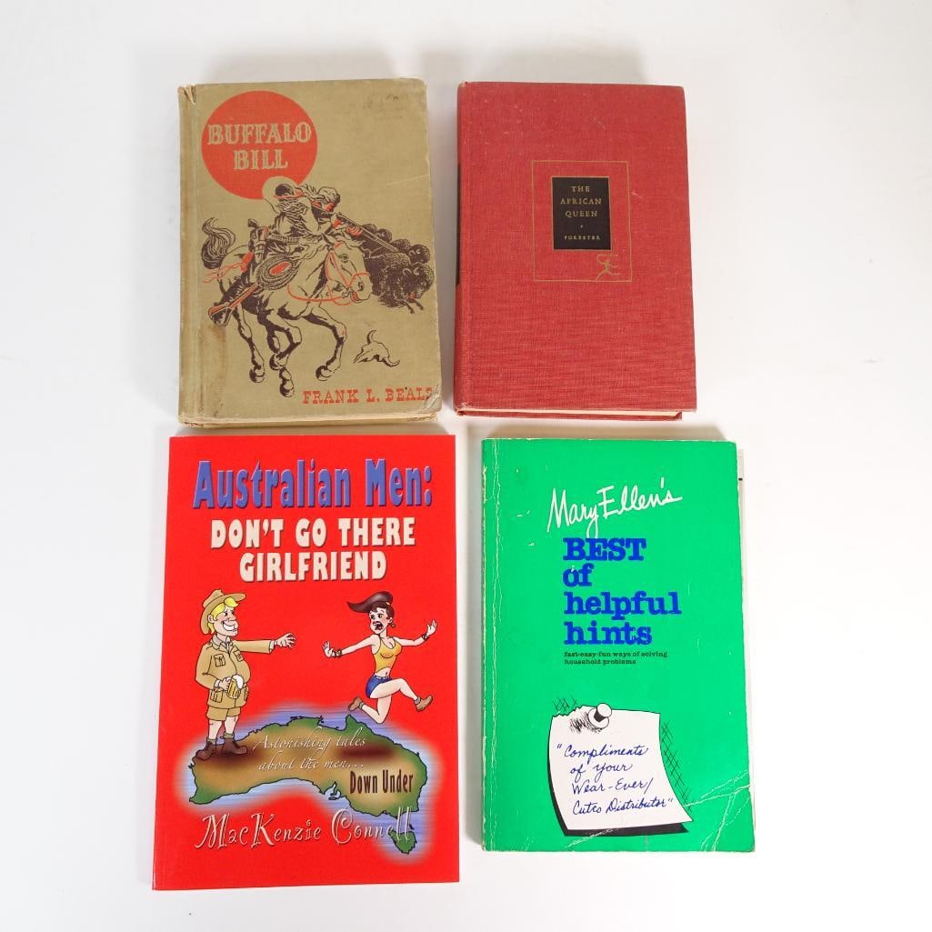 Vintage Book Lot of 4: Mixed vintage book lot featuring classic adventure literature, humor, and household reference. Condition: Pre-owned vintage condition. Covers show wear, edge rubbing, and aging consistent with age. Pa
