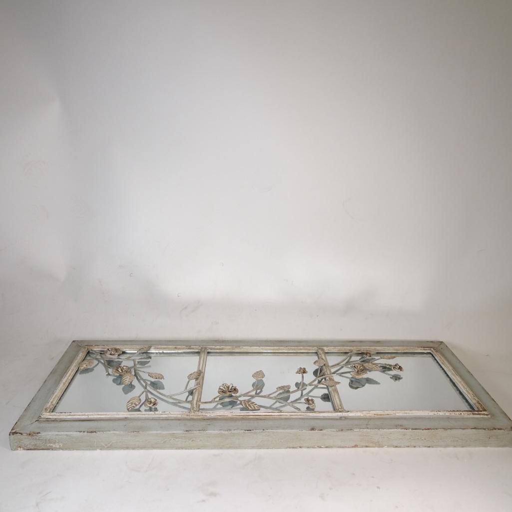 Rustic Cottage Window Style Mirror: Beautiful farmhouse-style wall mirror panel featuring a distressed white frame with decorative floral metal accents and windowpane-style design. The soft vintage finish gives it a charming cottage or 