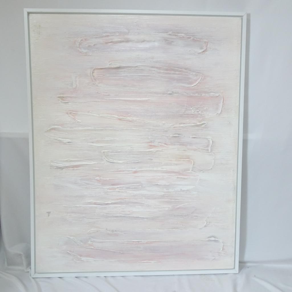 Large Textured Abstract Canvas: Large modern abstract canvas featuring soft neutral tones with subtle blush accents and textured layered brushwork. The minimalist design and clean white frame create a calming contemporary statement 