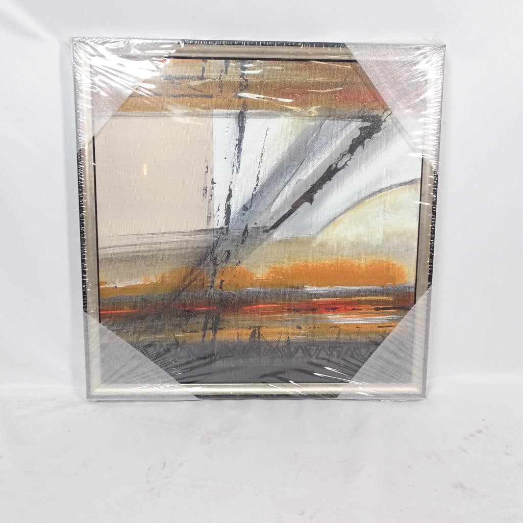 New Abstract Framed Canvas: A brand_new, fully wrapped abstract artwork featuring layered brushstrokes in warm orange, gray, black, and white tones. The composition blends vertical and diagonal textures, creating a dynamic,