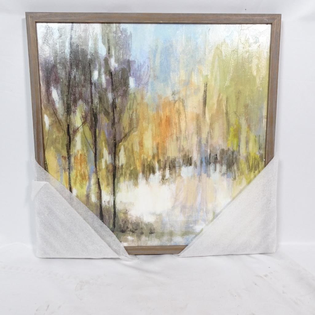 New Framed Abstract Forest Landscape: A brand_new, beautifully framed abstract landscape featuring tall, colorful trees reflected over water. The artwork blends greens, yellows, oranges, blues, and purples with soft, impressionistic