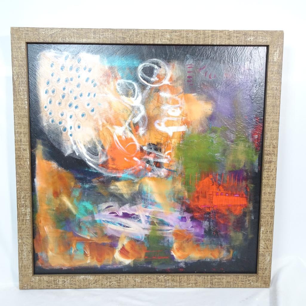 Oversized Abstract Canvas Art: Large abstract painting on canvas in textured gold frame. Approximate size: 32" x 32" Medium: Acrylic on canvas Style: Modern / Contemporary / Abstract Features: ? Bold vibrant colors ? Textured