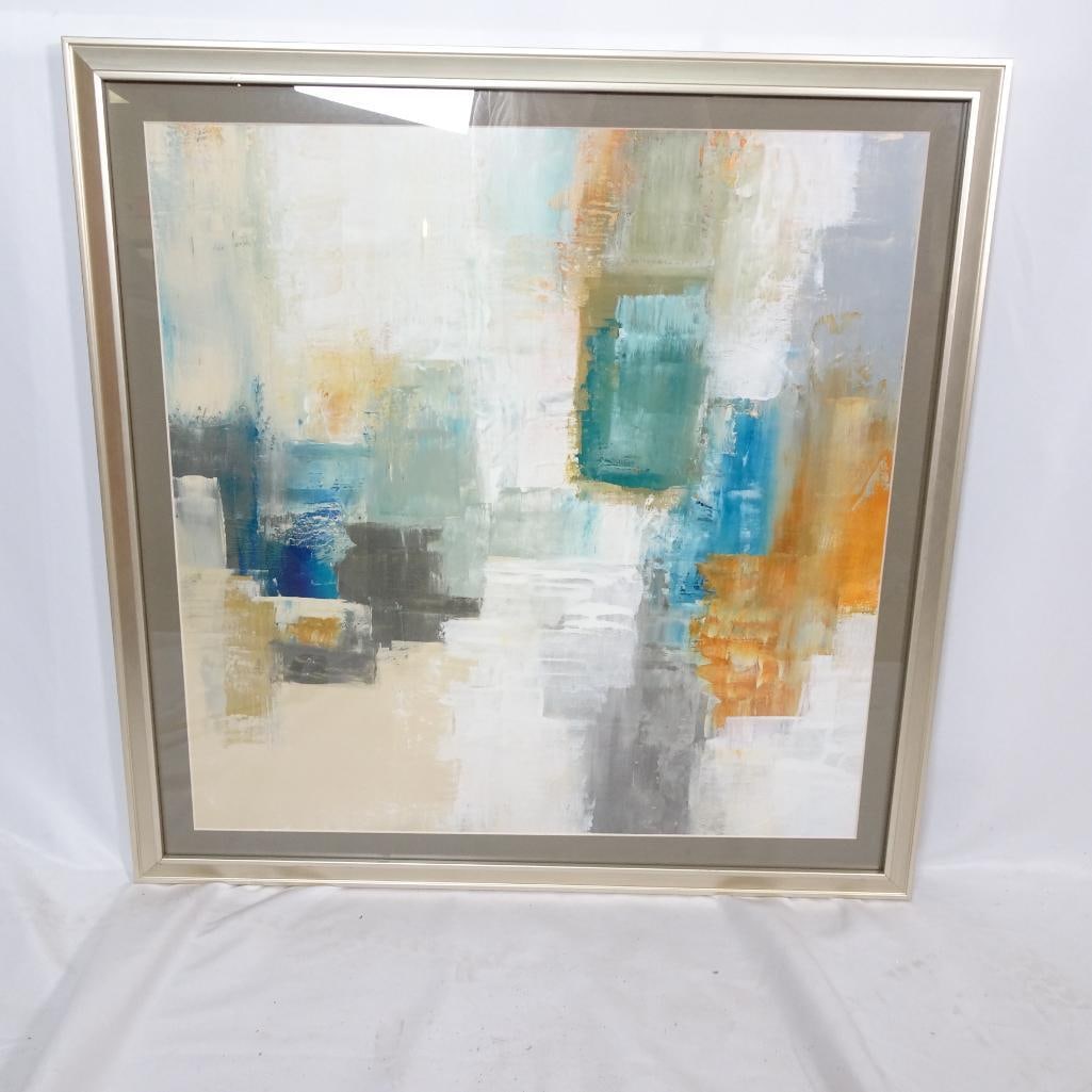 Large Framed Abstract Wall Art ?Piqua II": Striking large-scale abstract art print titled "Piqua II" by Made on Earth. This contemporary composition blends soft neutrals with bold accents of teal, turquoise, slate gray, and warm burnt orange. 