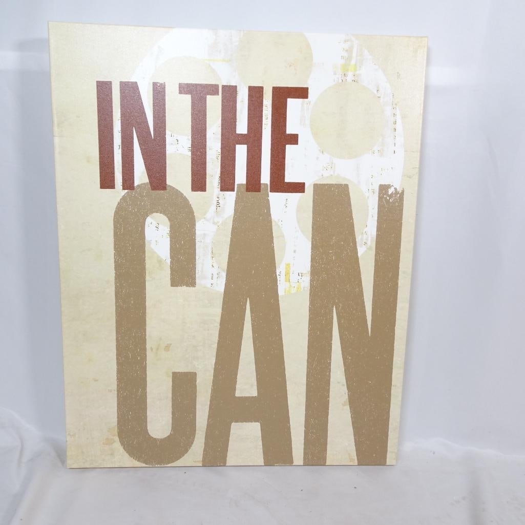 Set of 3 Large Typography Canvas Wall Art: Set of three large industrial-style typography canvas prints featuring bold cinematic phrases: IN THE CAN TAKE TWO ACTION Neutral beige, tan and brown color palette with distressed finish and layered 