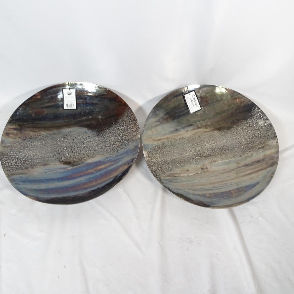 Crestview Collection Set of 2 Large Decorative Metal Wall Plates: Set of two large Crestview Collection decorative metal wall plates featuring a stunning abstract coastal-inspired design in layered tones of blue, bronze, silver and textured metallic detailing. These