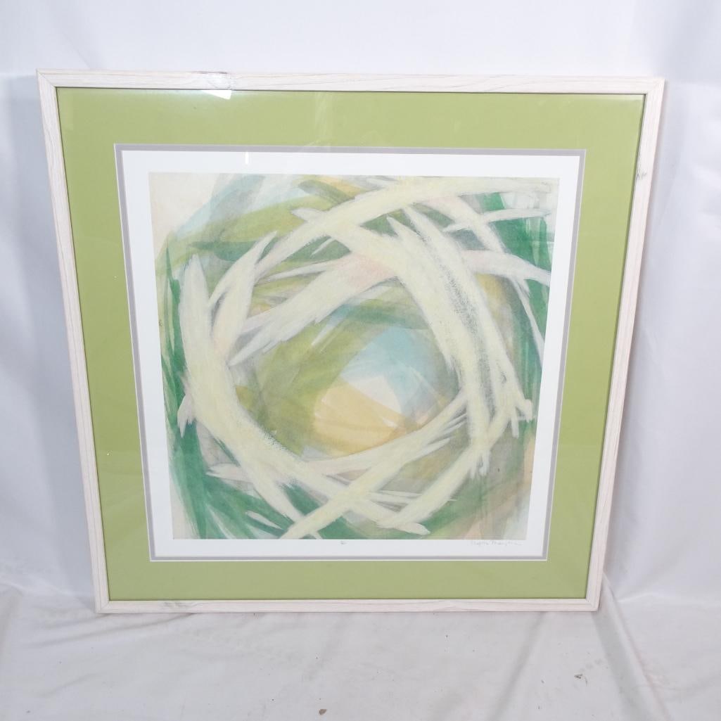 Bassett Fine Art Large Abstract Framed Print Signed Megan Me: Large Bassett Fine Art abstract print featuring layered brushstroke composition in soft greens, ivory, and pale yellow tones. Professionally matted and framed in a light wood frame with coordinating g
