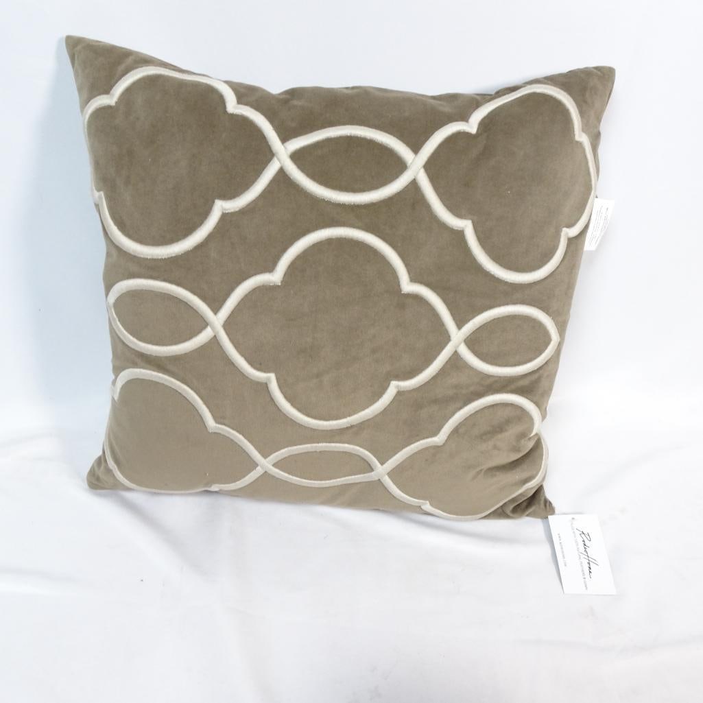 Rodeo Home Decorative Velvet Pillow: Elegant Rodeo Home decorative accent pillow featuring a soft taupe velvet fabric with a raised cream trellis / quatrefoil pattern. This stylish pillow adds a sophisticated touch to any living space an