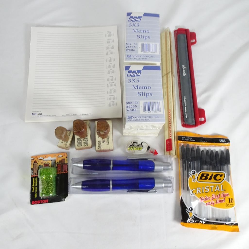 Office Supplies Lot Pens Bic Cristal Memo Pads Ruler Stamps White Out Sharpener Misc (1 of 15)