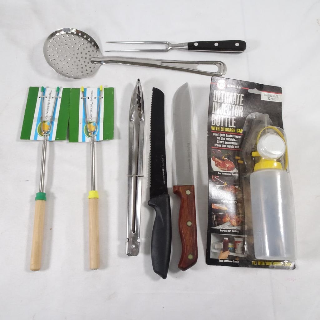 BBQ Kitchen Tools Lot Knives Tongs Fork Injector Bottle Marshmallow Sticks Utensils (1 of 5)