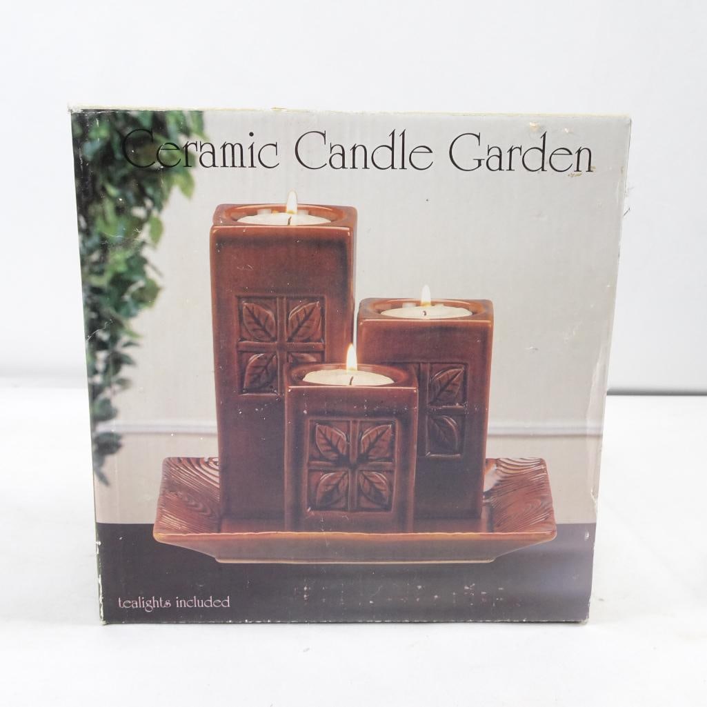 Ceramic Candle Garden Set 3 Holders Tray Tealights Included Brown Decor (1 of 8)