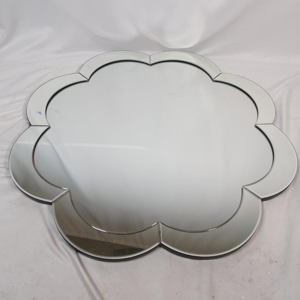 Large Quatrefoil Wall Mirror Decorative Flower Shape Beveled Glass: Beautiful decorative wall mirror in a quatrefoil / flower shape design. The elegant curved silhouette creates a timeless accent that works perfectly with many interior styles. Features a beveled mirro